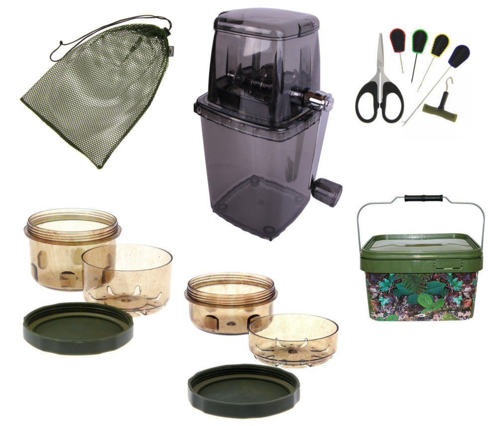 NGT Baiting Set including baiting tool set, bucket, glug pots, dry bag and bait crusher