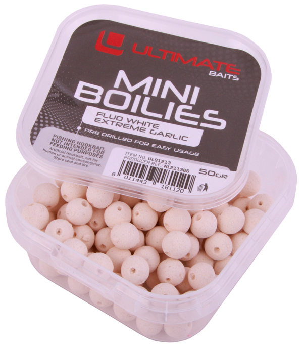 Ultimate Coarse Box, full of material for the coarse angler! - Ultimate Baits pre-drilled mini boilies, Fluo White Extreme Garlic